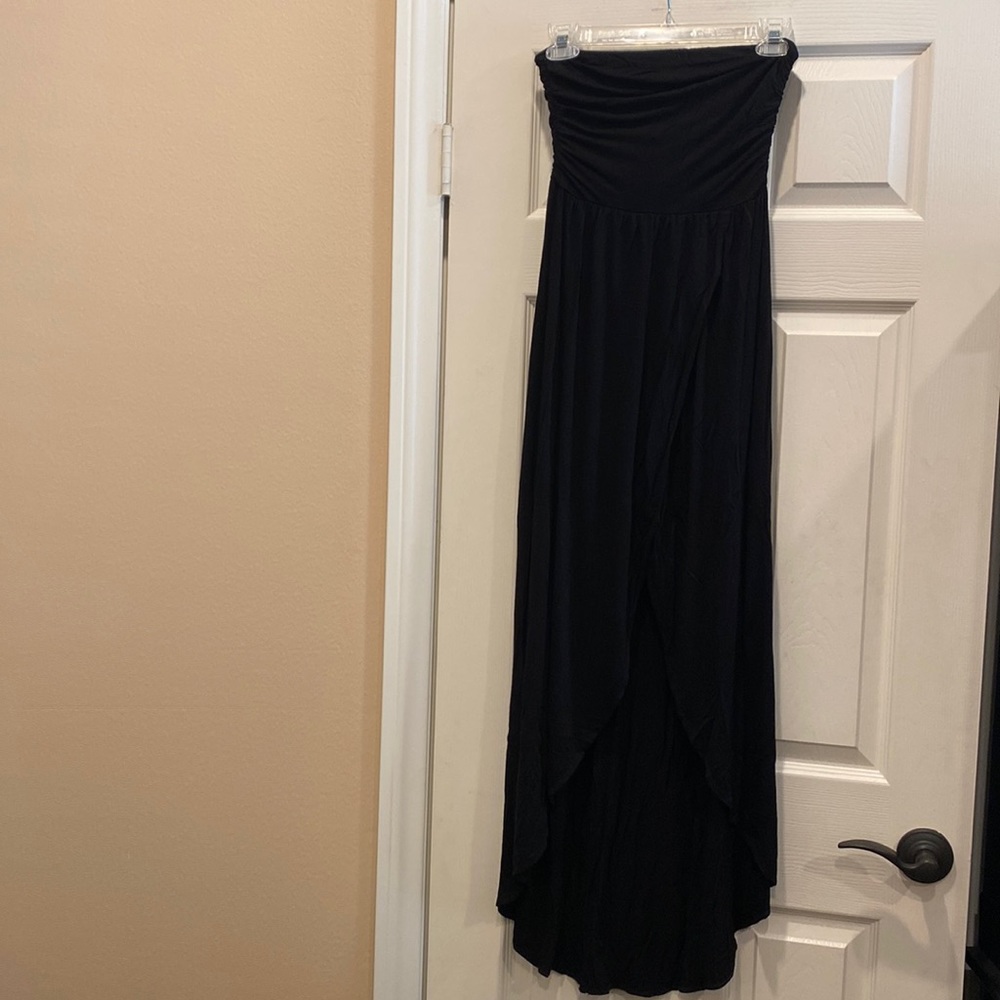 Viscose/spandex high-low, faux wraparound strapless dress